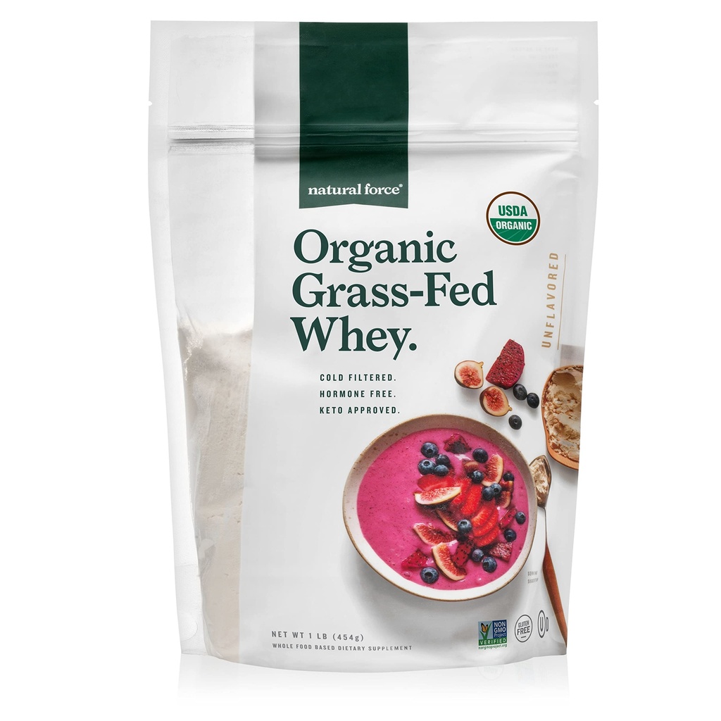 Natural Force Grass Fed Organic Whey Protein Powder - Non GSO, Keto prijazno, Low Carb, Kosher - Lab Tested for Toxins - Pure & Unflavored - 16 oz.