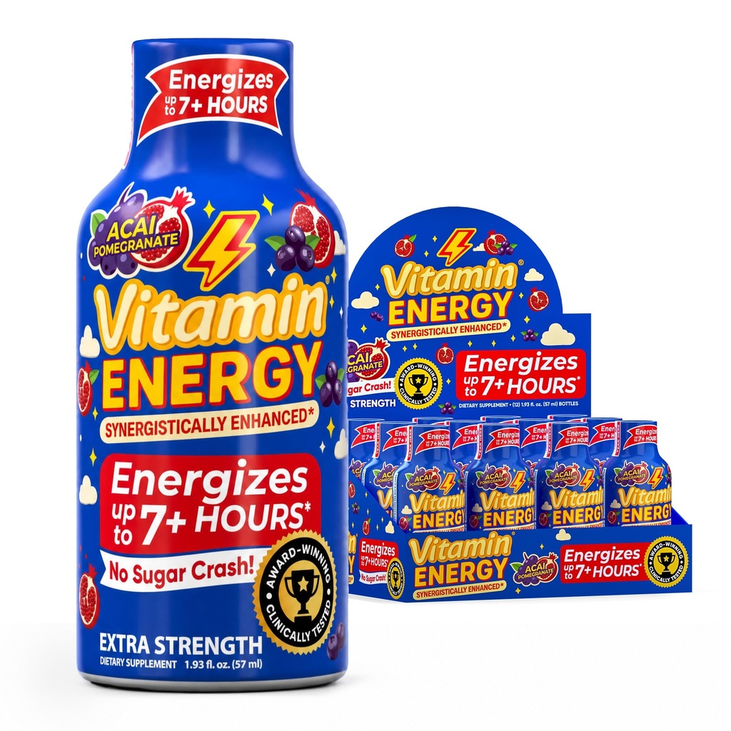 Vitamin Energija B12 11.000% Ekstra moč Energija Shot Açaí Pomegranate 12 Pack, 260mg Naravni kofein, B12 & B6, Nootropni fokus, Vitalnost, Nič sladkorja, Gluten-free, Vegan, Košir, 1,93 fl oz