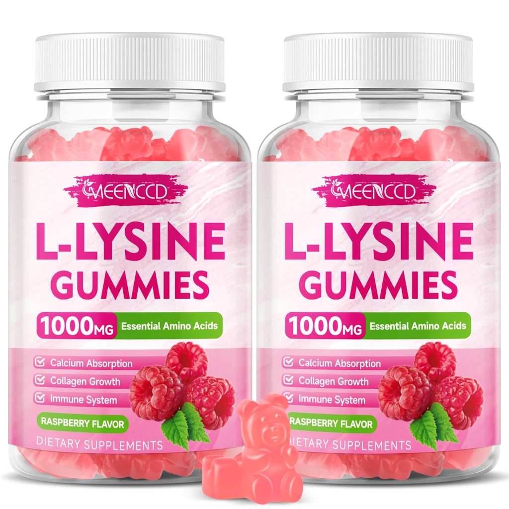 2 Pack L-Lysine 1000 mg Gumies, Lysine dodatek za odrasle in otroke, Esencialna aminokislina za ustnice in ustno zdravje, povečanje imunskega & kolagena & kalcija, brez sladkorja, malina aroma, 120 Count