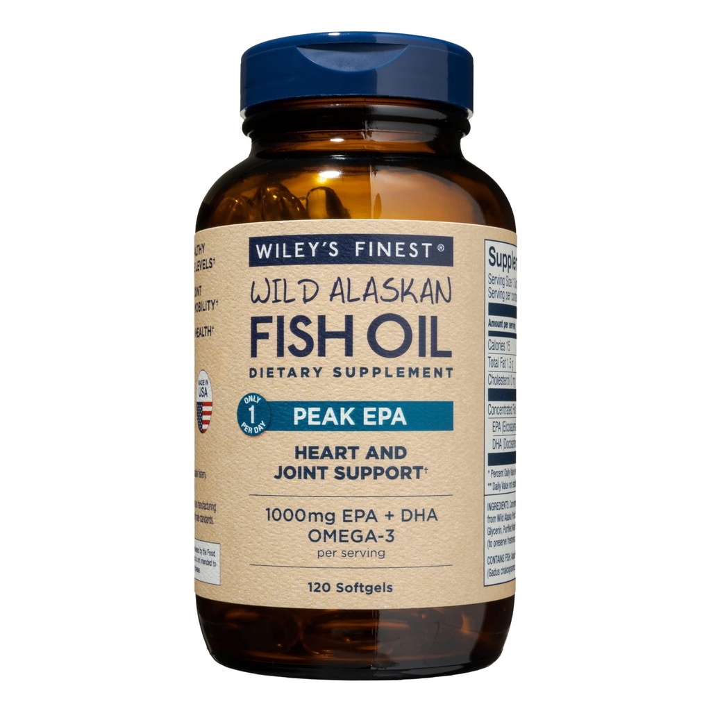 Wiley's Finest Wild Aljaska Fish Oil Peak EPA - Trojna moč EPA & DHA dodatek - 1000mg ribje olje - Omega-3s za skupno zdravstveno podporo - 120 Softgels (120 Servings)