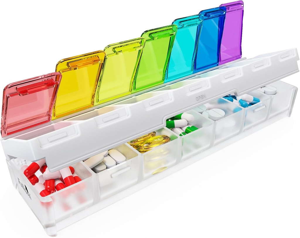 Fullicon tedenske tablete Organizator 7 dan hitro polnjenje in razlitje dokaz zasnovan velike tablete škatle z brezplačnimi nalepke potovalne medicine organizator za medicino, vitamin, ribje olje, dodatek (Rainbow jasno)