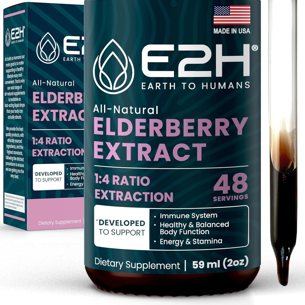 E2H Elderberry Syrup - Powerfull Antioksidanti Dopolnilo iz ekstrakta organskih borovnic - Sambucus Elderberry Syrup za otroke in odrasle za imuno podporo - Non-GMO, Vegan - 2 Fl Oz