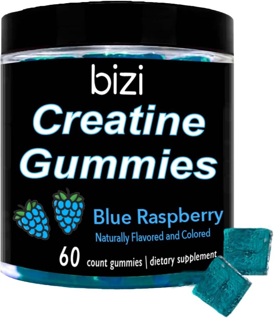 Bizi Kreatine Gummi za moške in ženske - 1g kreatin monohidrat na Gummy - lubenica aroma - vadba, rast mišic, in regeneracija dodatek- Vegan & Gluten brezplačno (60 ct) (modra malina)
