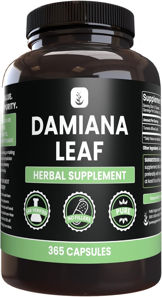 PURE POREKLA SESTAVINE Damiana Leaf (365 kapsul) Brez magnezija ali riževih polnil, vedno čista