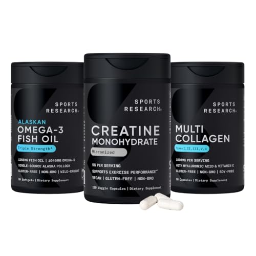 Sports Research® Supplements Pack - Creatine Monohydrate Capsules + Triple Strength Omega 3 Fish Oil + Multi Collagen Peptides (Type I, II, III, V, X) Enhanced with Hyaluronic Acid & Vitamin C