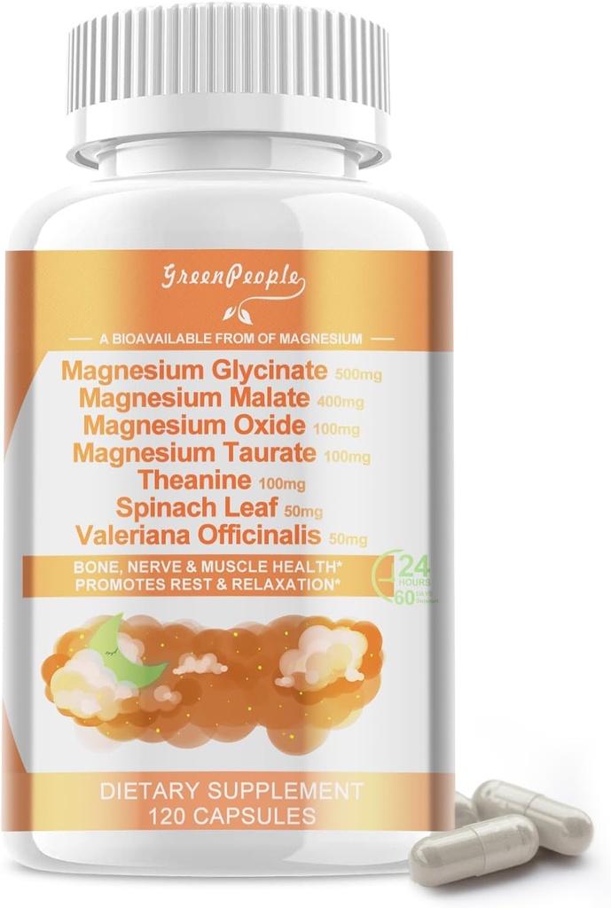 Magnezij Glycinat 500 mg na serviranje, z malatom, tauratom in oksidom, Magnezij dodatek za mišice, kosti, Sleep in Digestion podporo, 120 Veganske kapsule, Ne-GMO