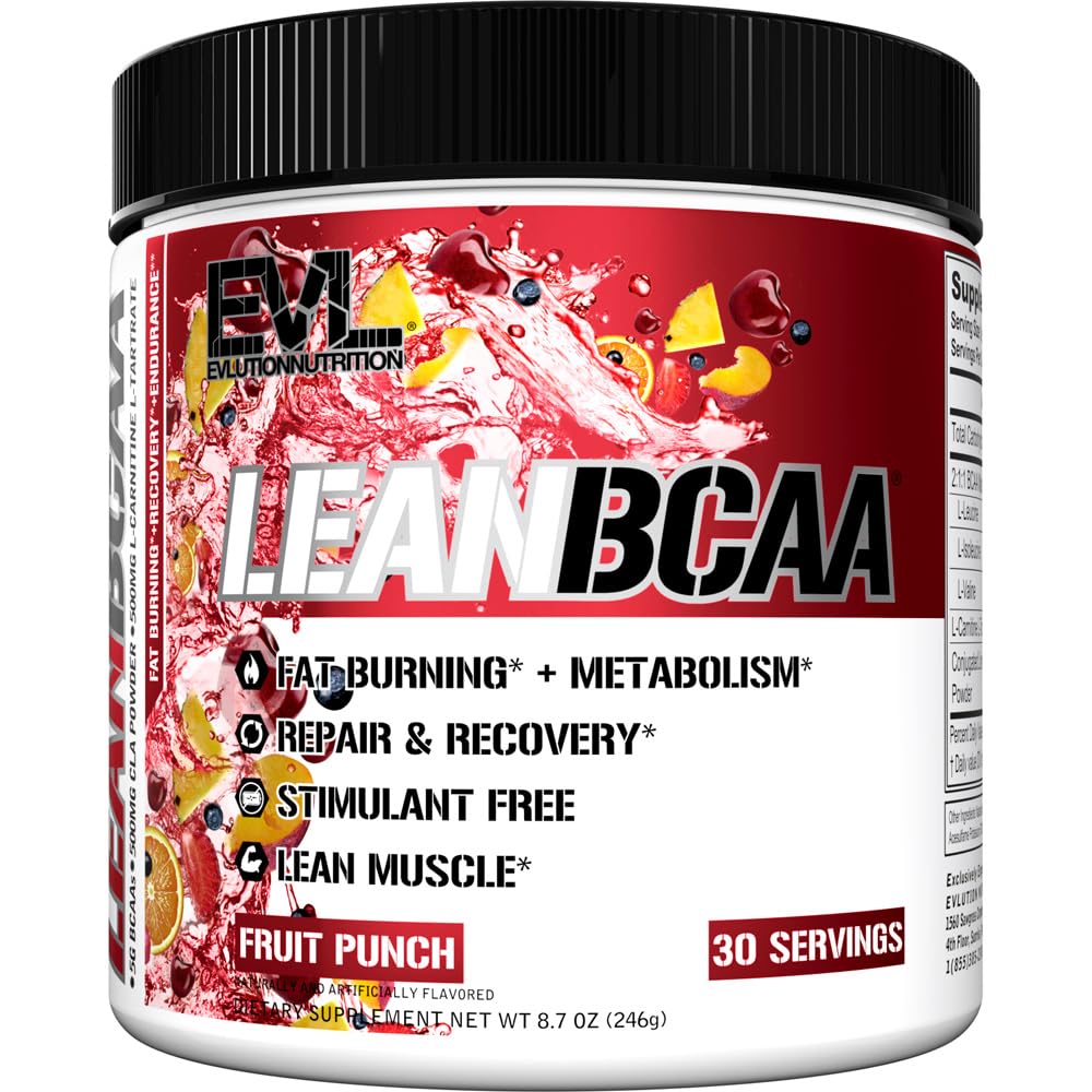 Stimulant Free Lean BCAA Powder - Evlution Nutrition BCAA Aminokisline v prahu s CLA karnitinom in 2:1:1 Razvejane verige aminokislin podpirajo obnovo mišic Izgorelost in presnova maščob - sadni punch