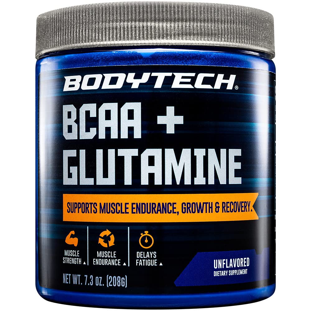BodyTech BCAA + glutamin prašek z vitaminom C, L Glutamin & več, Essential Pre Workout ali Post Workout Aminokisline za moške in ženske, brez arome, 7,3 Oz, 30 Serving