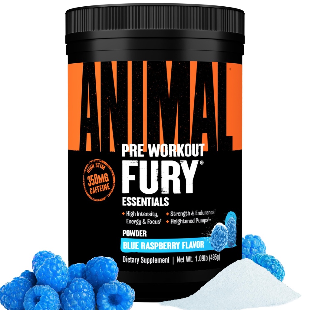 Animal Fury - Pre Workout Powder Supplement for Energy and Focus - 5g BCAA, 350mg Kofein dušikov oksid brez Kreatin - Močan Stimulant za bodybuilders - Modra malina