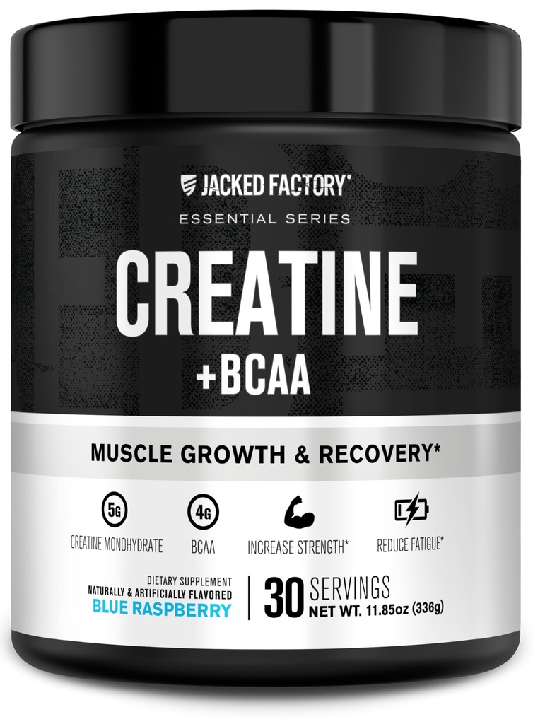 Jacked Factory Kreatin + BCAA - Kreatin Monohidrat + BCAA Prašek za povečano okrevanje po delu, zmogljivost, Lean Muscle rast, & Manjša utrujenost - 30 Serving, Modra malina