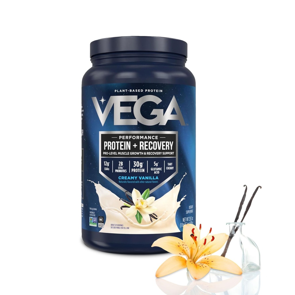 Vega Protein + recovery, Vanilla – 30g Vegan Protein, Dairy & Gluten Free, Probiotics, NSF Certified, 28,8 oz (20 Serving)