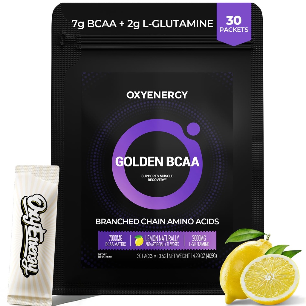OxyEnergy BCAA 2:1:1 Prašek, 7g BCAA in 2g L-glutamin, tavrin za okrevanje mišic, povečana vzdržljivost, popolne Amino Aicds za regeneracijo pred in po treningu, sladkor brez, limona, 30 Pakiranje