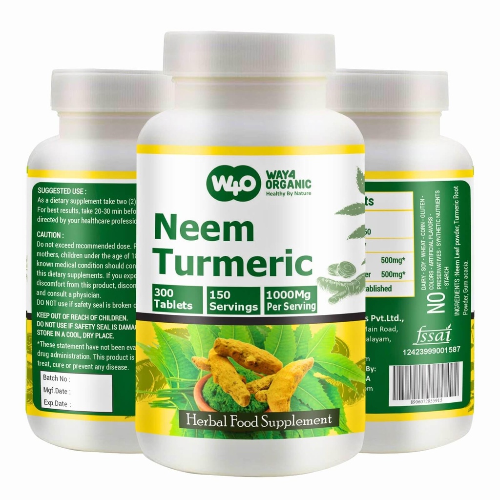 Kapsule Neem Turmeric (tablete) - tablete Azadirachta Indica, neemski listi in kurkuma v enakem razmerju - 300 tablet, 150 serviranja, 1000 Mg. pakiranje po 1.