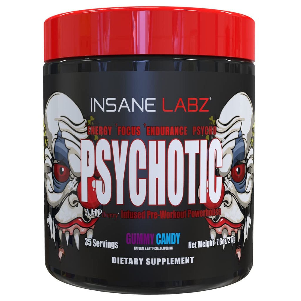 Insane Labz Psychotic, High Stimulant Pre Workout Powder, Extreme Trading Energy, Fokus in vzdržljivost z Beta Alanine, Creatin Monohidrat DMAE, 35 Srvgs (Gummy Candy)