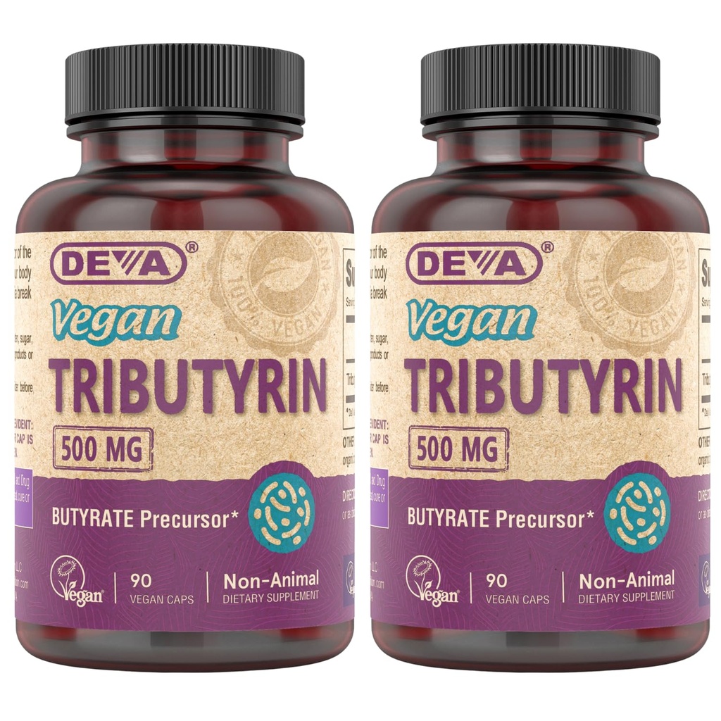 DEVA Vegan Tributyrin dodatek - Butyrate Precursor, Gut Barrier podpora, Butyric Acid, 500 MG Veganske kapsule, Leaky Gut Podpora, Prebava, 90 Število (Pack po 2)