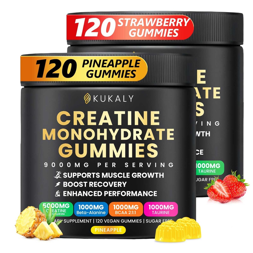 Kreatin monohidrat Gumiji za moške in ženske, 9000MG Kreatin Gumies Sladkor brez BCAA 2:1, B12 B6 za povečanje moči, Fokus & vzdržljivost, Vegan, Non-GMO