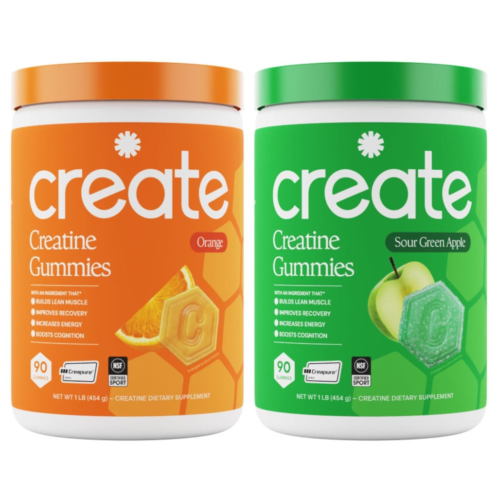 Ustvarite Kreatin Monohidrat Gumies - Citrus Rush Duo - Sour Apple & Orange - Kreatin Gumies za ženske in moške, NSF Certified, 3. stranka Tested, Anti-Melting Formula, 180 Count (2-Pack)