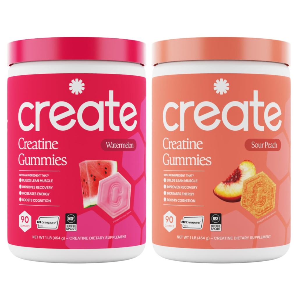 Ustvarite Kreatin monohidrat Gumies - Beach Day Duo - Sour Peach & Watermelon - Kreatin Gumies za ženske in moške, NSF Certified, 3. stranka Tested, Anti-Melting Formula, 180 Count (2-Pack)