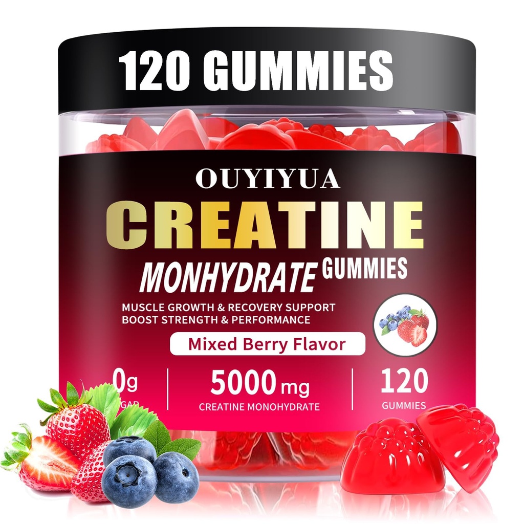 Kreatin Monohidrat Gumies 5000mg za moške in ženske - Sugar Free Pre-Workout dodatek, Žvečilni izdelki za mišično moč, mišice Graditelj, Energy Boost, Mešana jagoda aroma, 120 Count