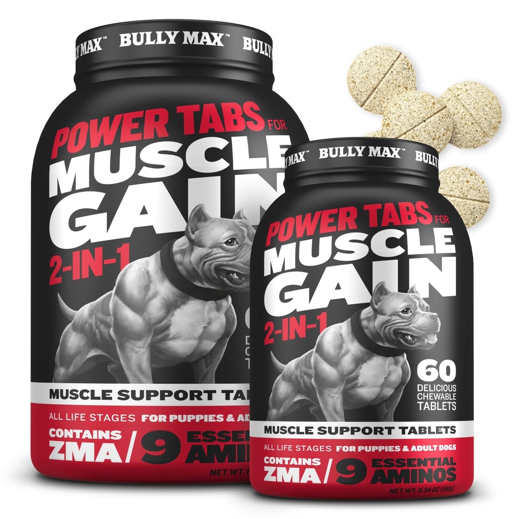 Buly Max 2- v-1 mišice graditelj žvečljive tablete za kužki in odrasli psi - pes vitamini in dodatki za mišice dobiček in rast - pasji kužki multivitamini za vse pasme in starosti - 60 Tab (2 steklenice)