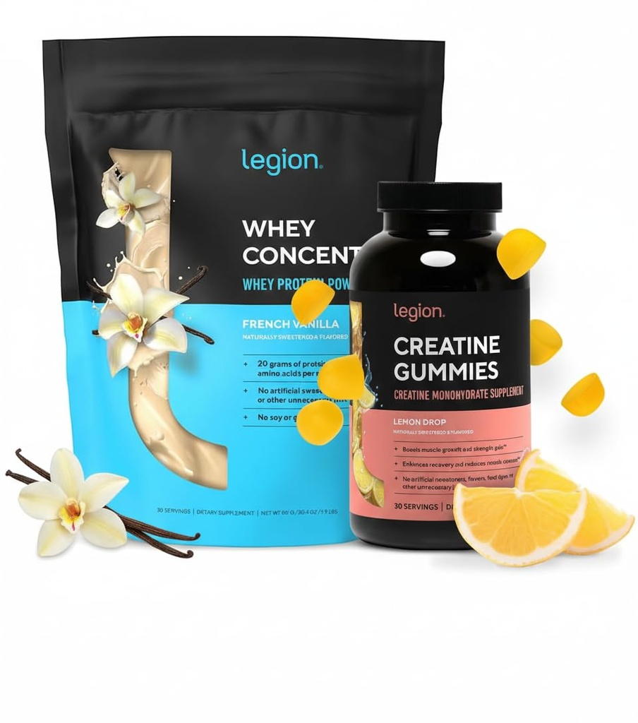LEGION podpora učinkovitosti Stack – Kreatin Monohidrat Gumies (Lemon kapljice, 30 Serving) + sirotkine beljakovine v prahu (Vanilla, 30 Serving)