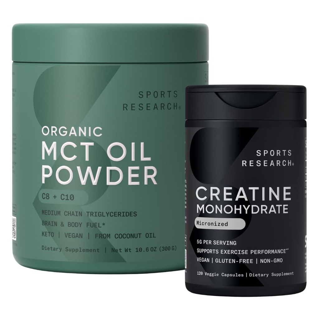 Sports Research® Keto Pack s Kreatin monohidrat Kapsule in organsko MCT olje v prahu - Keto & Vegan MCTs C8, C10 iz kokosovih orehov
