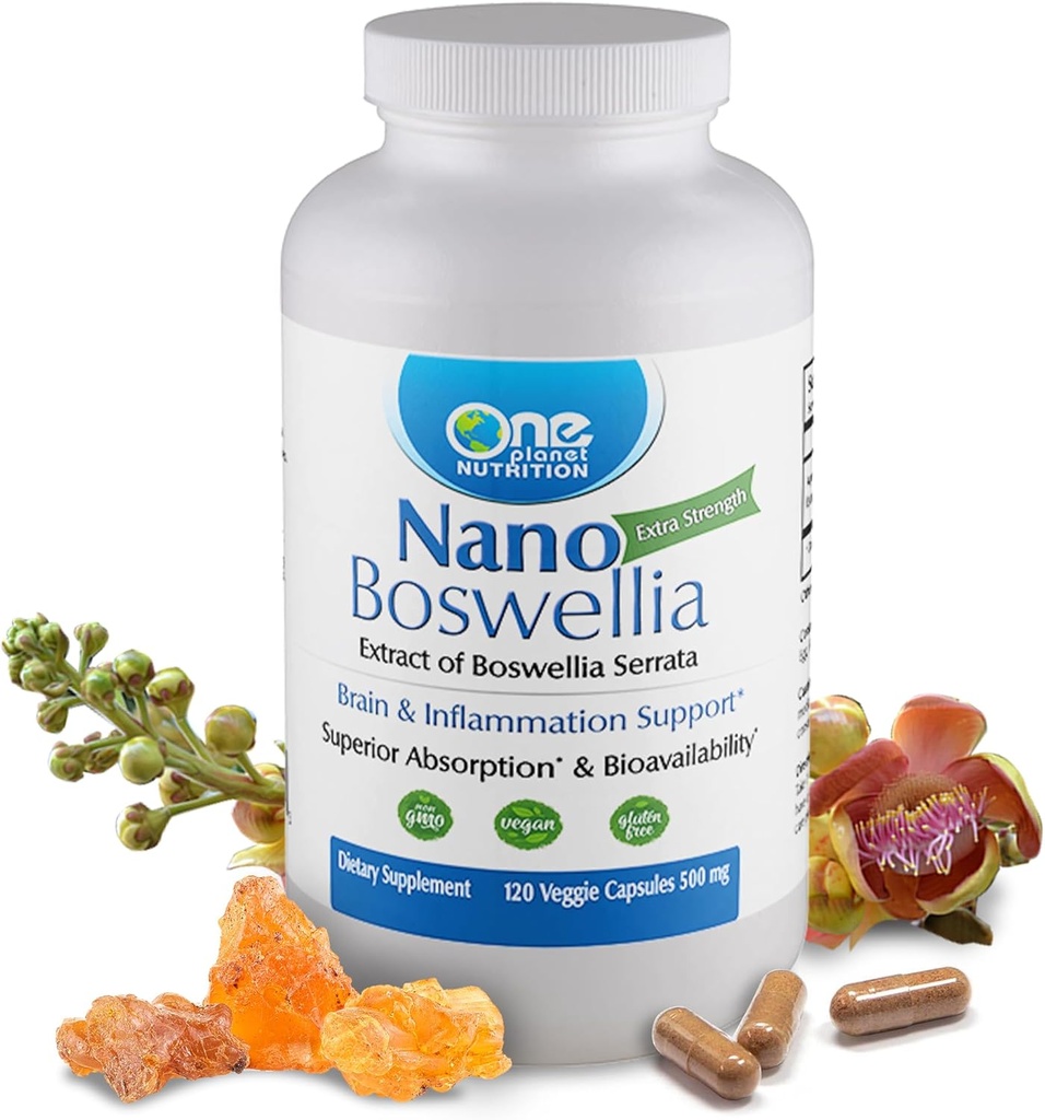 One Planet Nutrition Nano Boswellia 500 mg Veggie kapsule (120 Servings), Boswellia serrata Resin, podpira kognitivne funkcije za zdravje možganov, ne-GMO, Vegan, Gluten-free