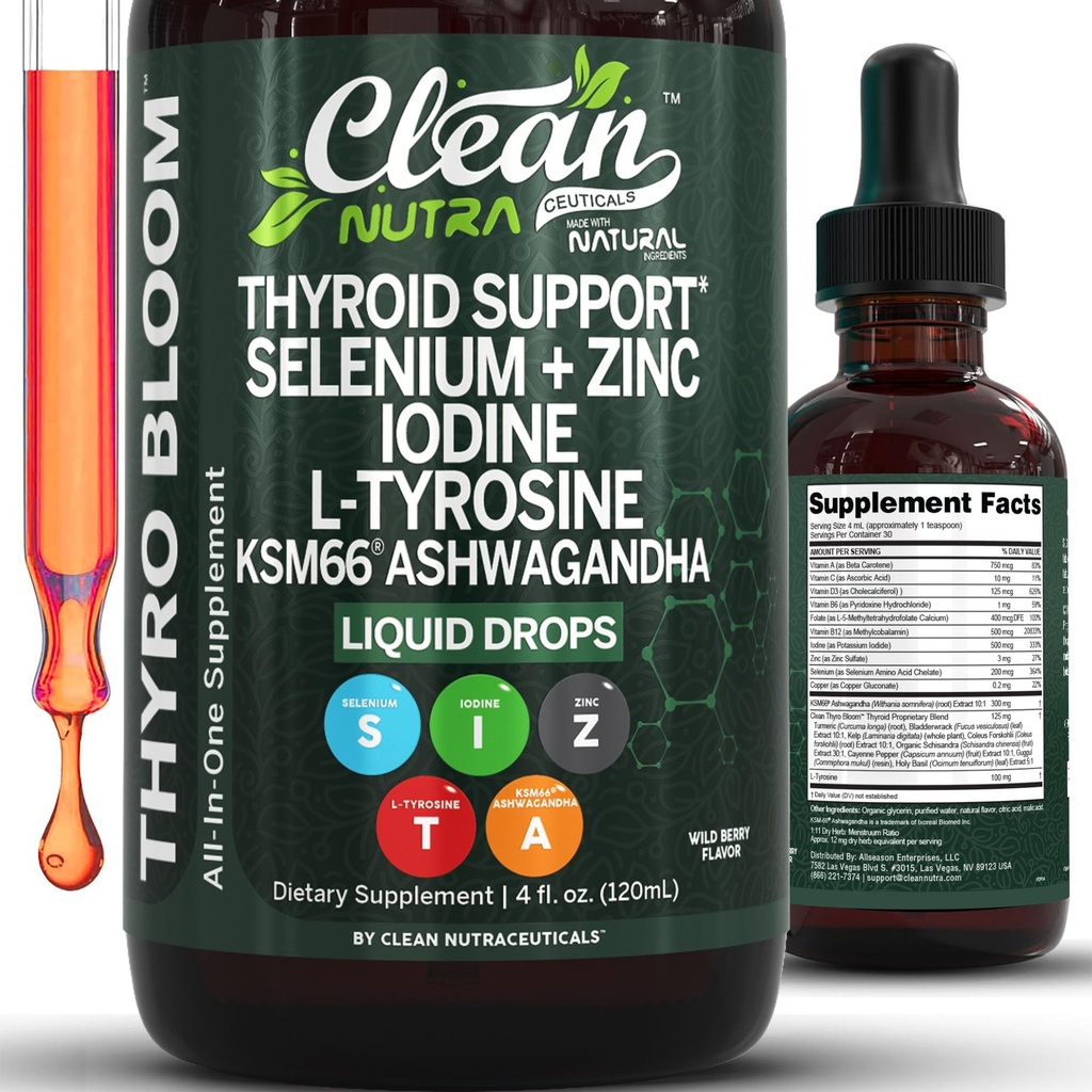 ThyroBloom Podpora ščitnici za ženske Tekoče kapljice Iodine L-Tirozin Selenium Copper Ashwagandha Cinkov Kelp Bladderwrack Schisandra Guggul Turmeric Vitamin A D3 B12 Folat Dodatek s čisto Nutra 4oz