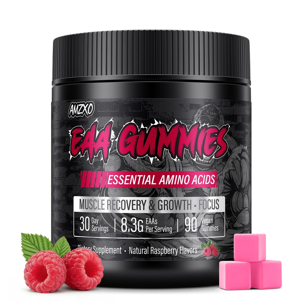 EAA Gummies - 2:1:1 BCAA Formula (8300mg) - Essential Aminokisline za okrevanje mišic in vzdržljivost - Non-GMO, Gluten Free, Sugar Free, Vegetarian, Raspberry Flavor - 90 Count