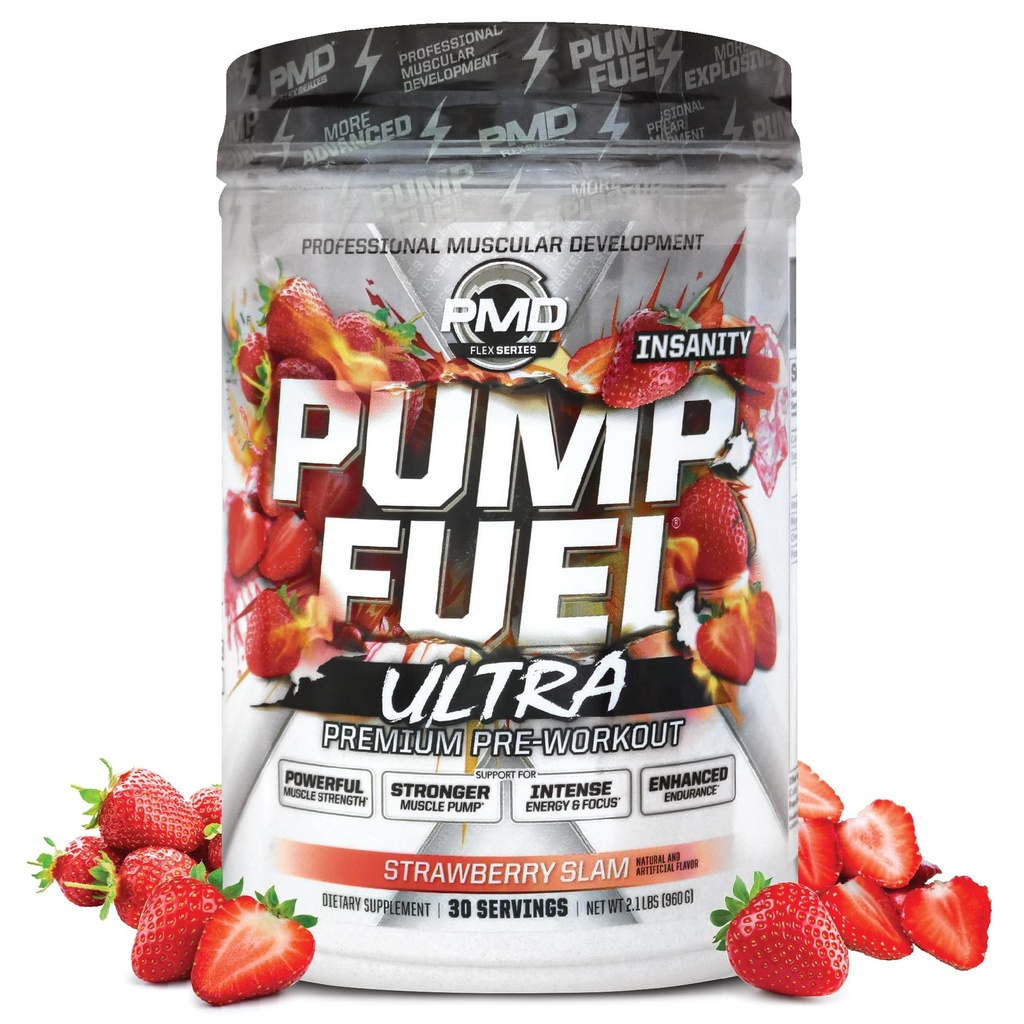 PMD športna črpalka Ultra Insanity - Premium Preworkout Powder & Muscle Pump, večji fokus, vzdržljivost in regeneracija, Premium Kreatin, Arginin & Beta Alanine - Jagodni Slam (30 serviranja)