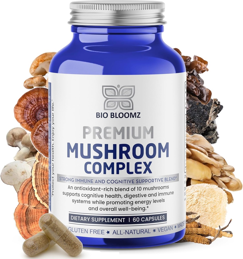 Premium Mushroom Complex Capsules - Lion's Mane Supplement Wellness Formula with Turkey Tail, Shiitake, Cordyceps, Reishi, Chaga, Maitake - Immune Support Mushrooms Herbal Supplements - 60