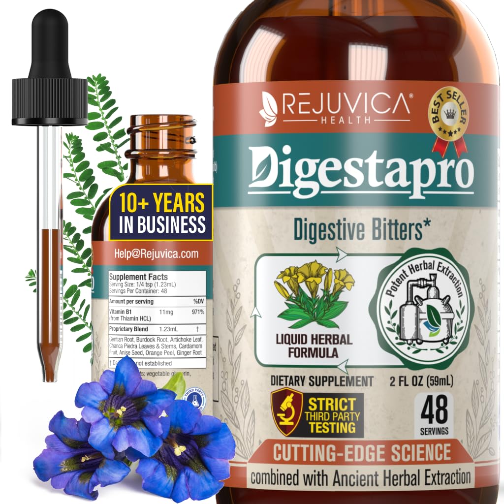 Rejuvica Health DigestaPro - Advanced Digestive Bitters dodatek - Tekoča dostava za boljšo absorpcijo - Gentian, Artichoke, Burdock, Chanca Piedra, Ginger & More!