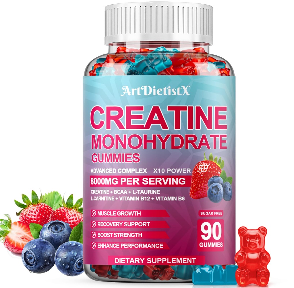 Kreatin monohidrat 8000mg Gumiji z BCAA, L-karnitinom, tavrinom in vitaminom B12 - Pre vadbeni dodatek za mišično rast, moč in energijo, žvečljivi gumiji, 90 za moške in ženske