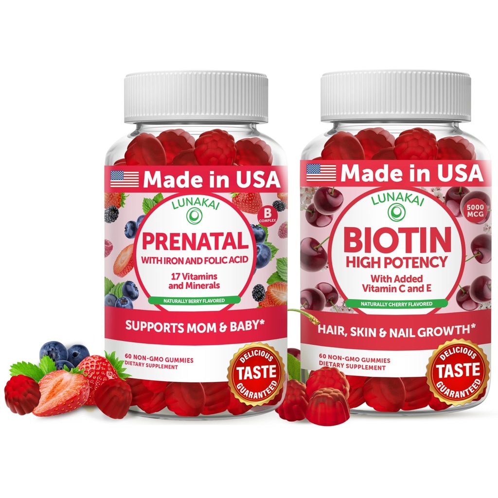 Lunakai Prednatal in Biotin Gummies Bundle - Nosečnost Multivitaminski Gummy z železom in folno kislino - las kože in nohti dodatek za rast z vitaminom C in E - 30 dni
