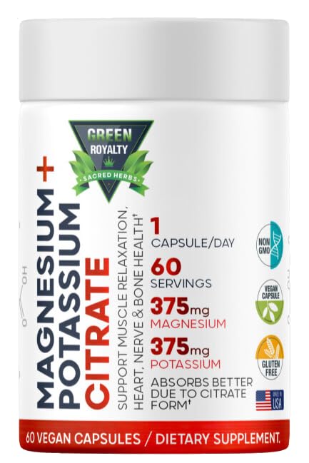 Magnezijev citrat + Kalijev 60 Premium Veganske kapsule (Citrat 375 mg) + (375 mg kalija) Ne gensko spremenjeni, Gluten brez - Visoka absorpcijska dopolnila Izdelano v ZDA
