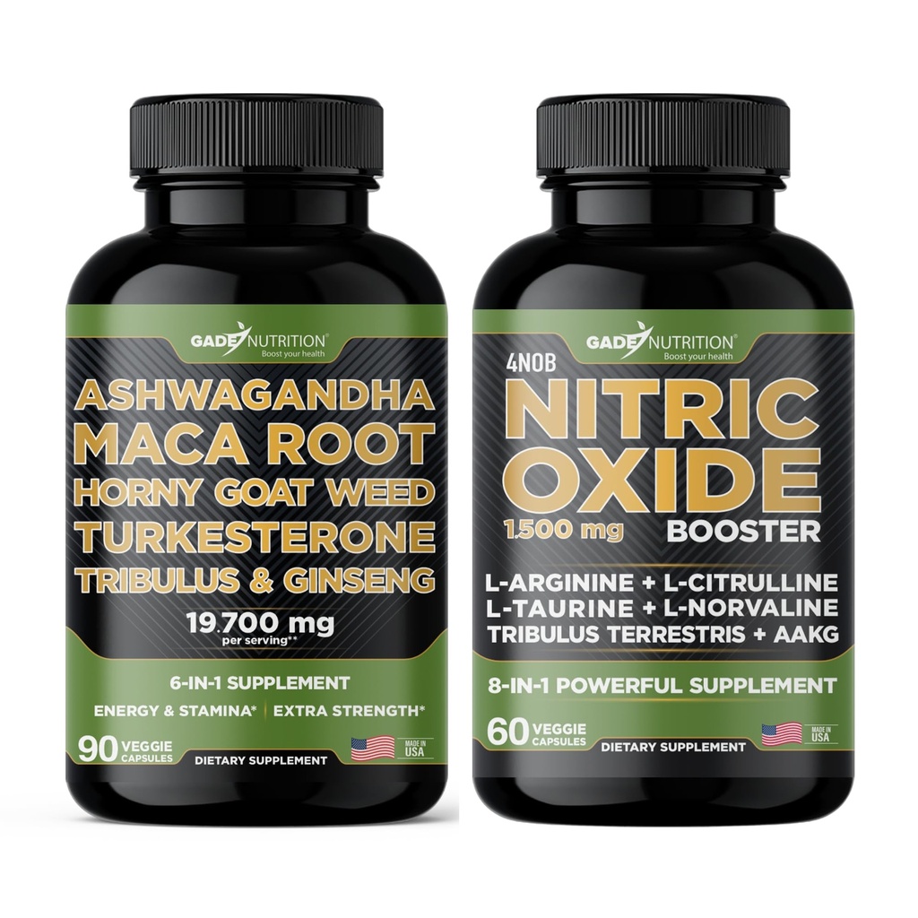 Gade Nutrition Ashwagandha z Maca Root, Horny Goat Weed, Turkesterone, Tribulus Terrestris, Panax Ginseng + Nitric Oxide Booster - paket za energijo, Vitalnost, Zmogljivost, Črpalka