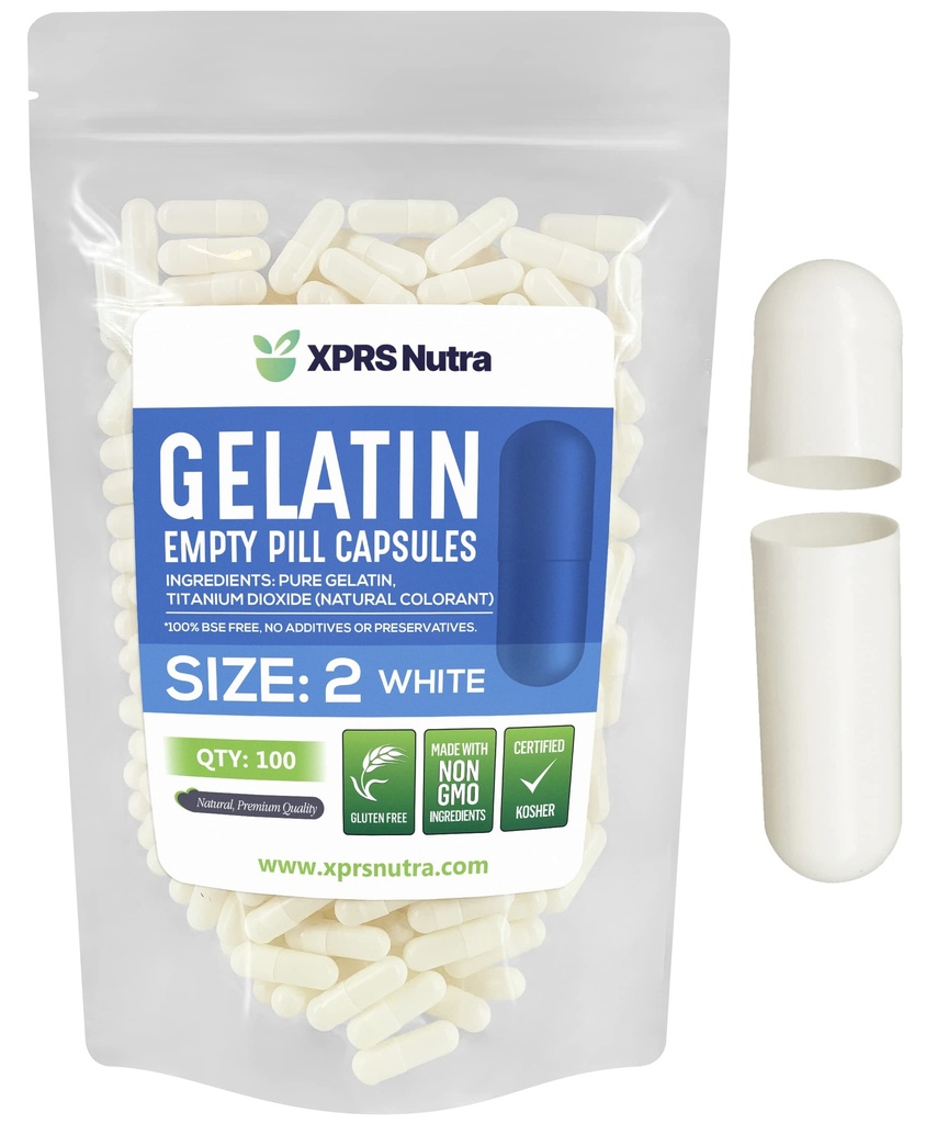 XPRS Nutra velikost 2 prazni kapsuli - 100 Štetje praznih kapsul želatina - tablete DIY Kapsule Polnjenje - Čiste goveje tablete Gel caps za Do-it-Yourself Supplements (bela)