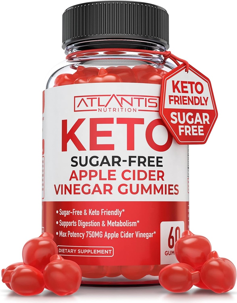 Atlantis Nutrition Sugar-free Keto ACV Gumiji za hujšanje - Apple Cider Vinegar Gumies Oblikovana s 750MG ACV na Serving - Podpira prebavljanje, hujšanje, Detox & čiščenje - 60 Count