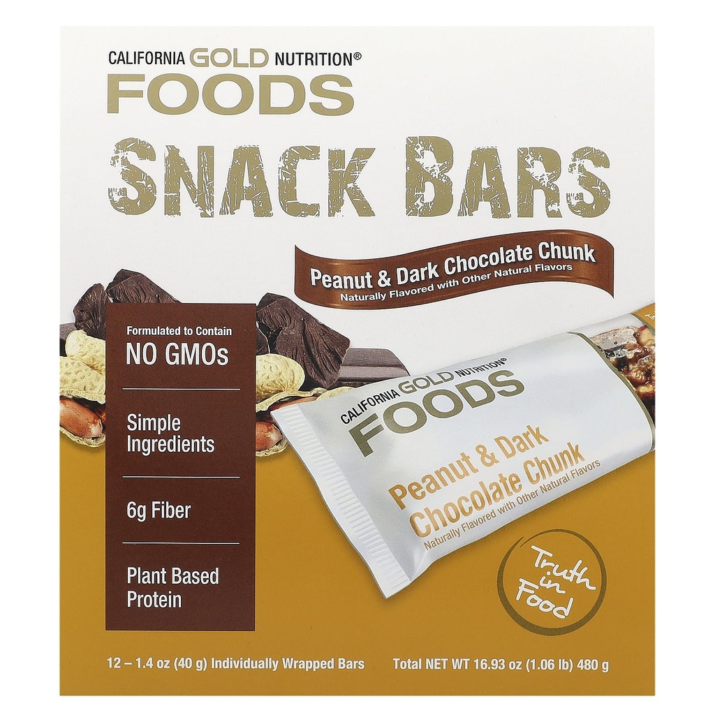 California Gold Nutrition Foods, Peanut & Temna čokolada Chunk Bars s suhimi praženimi mandlji, Chicory Root Fiber, Pea Crisps and Honey, 12 Bars, 1.4 oz (40 g) Vsaka