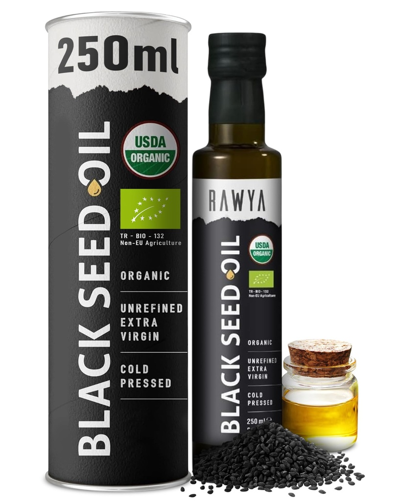 RAWYA Black Seed Oil - USDA Organic Certified - Hladno - 8.4 Fl oz - Extra Virgin - Turška črna kumina Semena - Premium Nigella Sativa s timokinonom - Kalonji - Non-GMO, Gluten-free - Nutritional Supplements - Ekstra močan okus