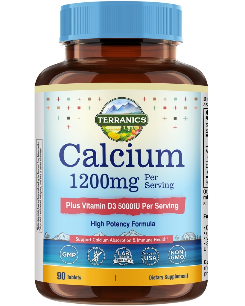 Terranics Calcium 1200 mg with Vitamin D3, High Absorption Calcium Supplement for Women and Men, Supports Bone, Teeth & Immune Health, Easy-to-Swallow Coated Tablets, 90 Count