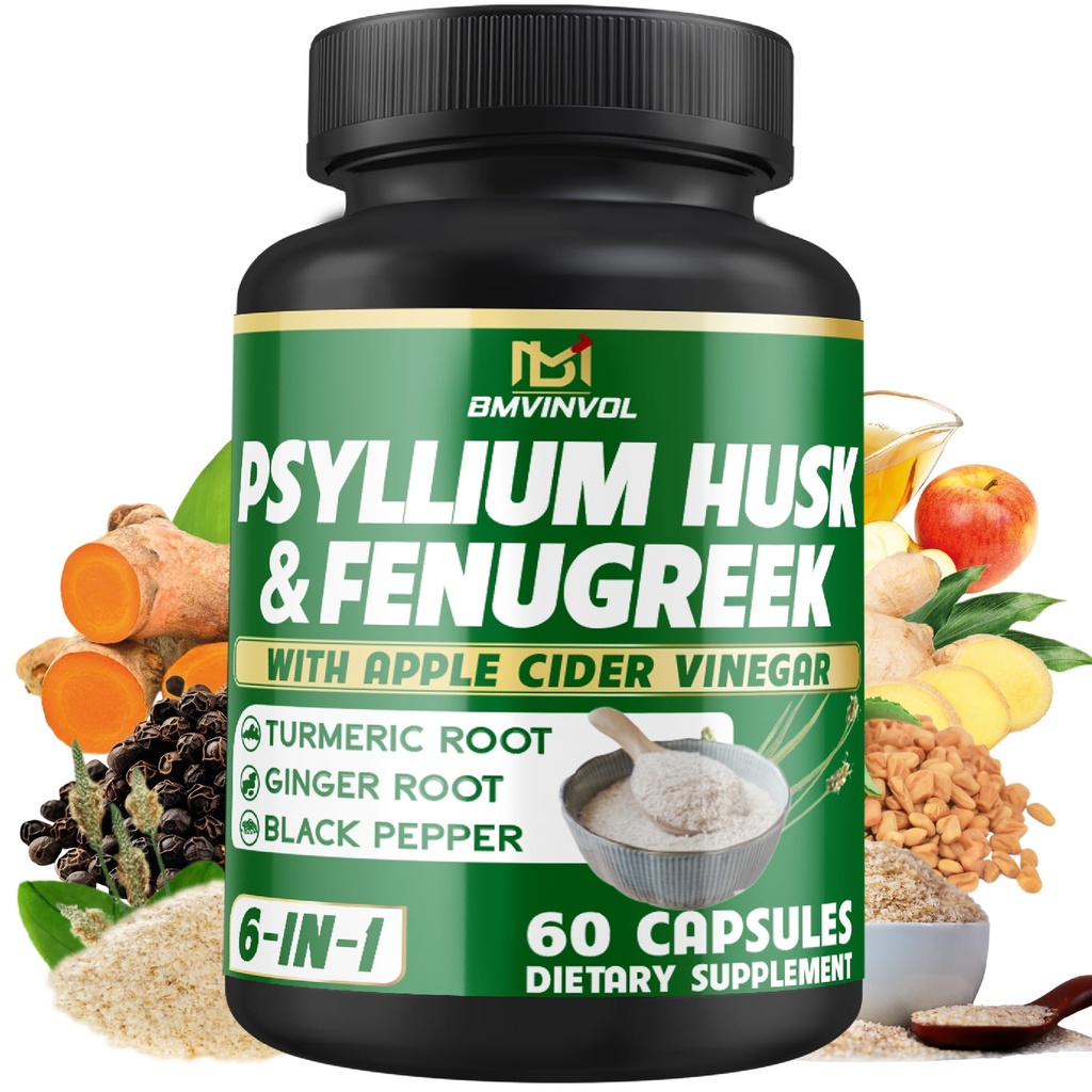BMVINVOL Psyllium Husk Fiber Supplement t with Fenugreek, Apple Cider Vinegar, Turmeric, Ginger, Black Pepper- Digestion Health Support - 60 Capsules