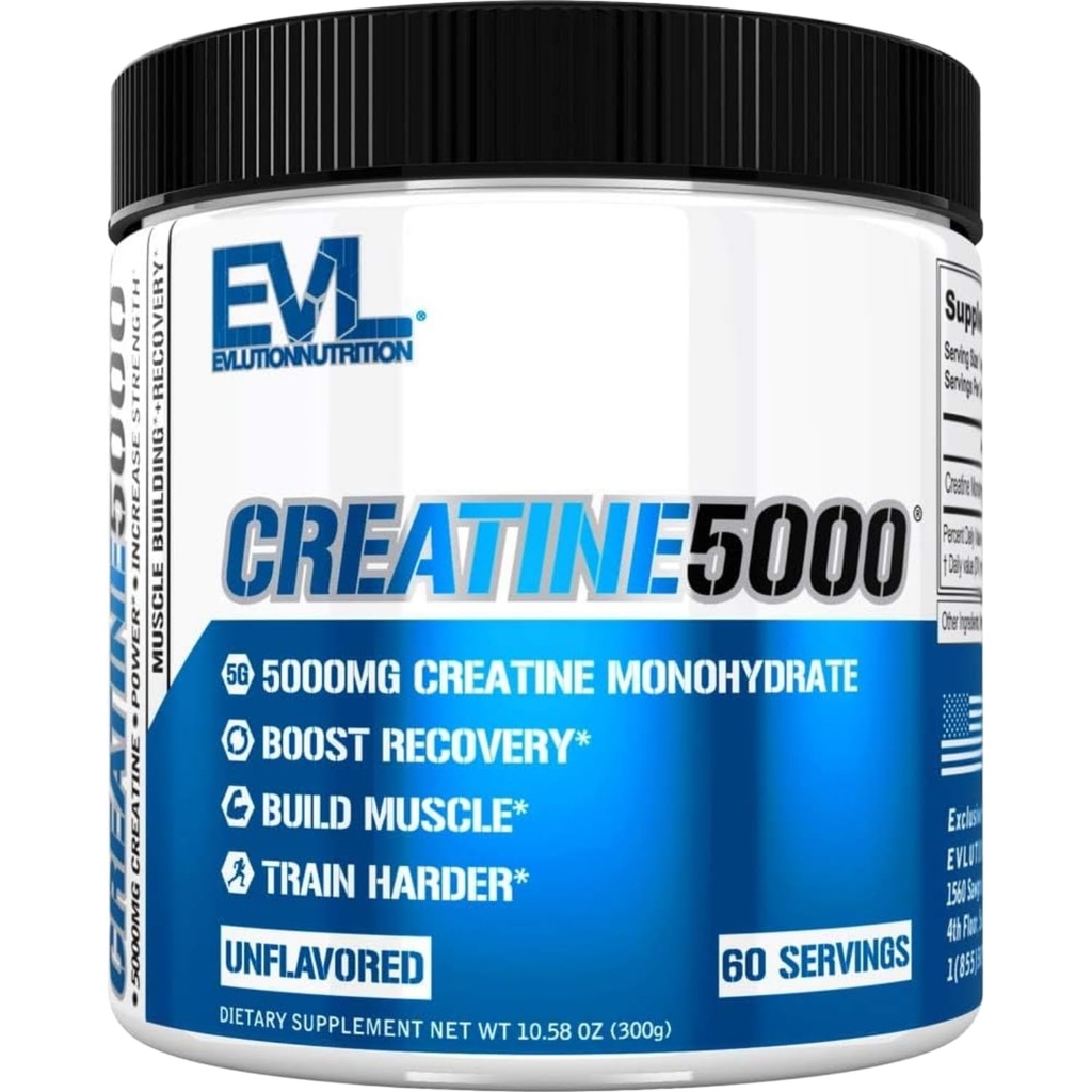 Evolution Nutrition Creatine 5000 - Podpira hitrejše okrevanje, rast in uspešnost mišic - Pre & Post Workout Powder - 5000mg Pure Creatine Monohidrat na postrežbo - 60 Serving - Nearomated