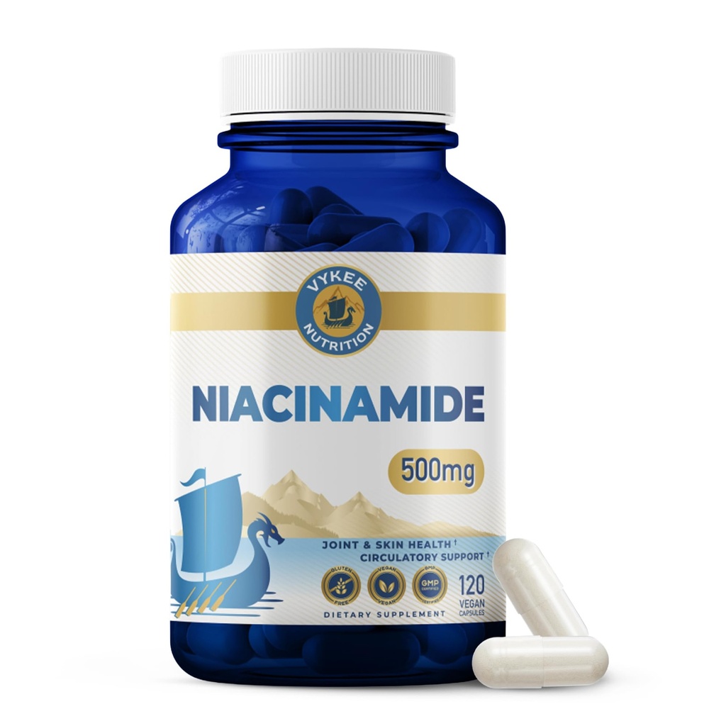 Vykee Nutrition Niacinamide Capsules - Vitamin B3 Supplement for Skin Wellness Cellular Energy and Metabolic Support - Vegan, Non-GMO Gluten Free - 500 mg 120 Count