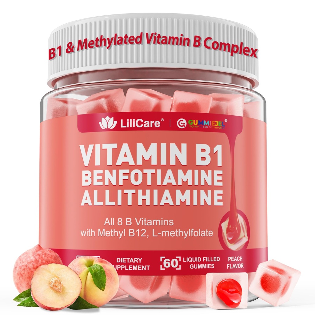 Vitamin B1 & metilirani vitamin B Complex Gumies - vsi vitamini B, benfotiamin, tiamin in inozitol, metilirani B1 B2 B6 multivitamini, L-metilfolat, metil B12 za živčno kognitivno energijo, 60 Cts