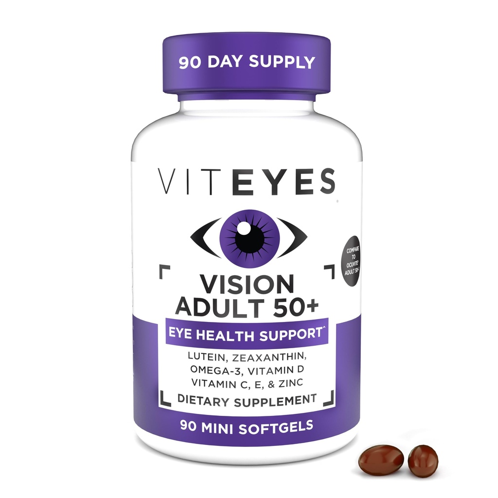 Videji Vizija za starost 50 Plus za zdravje oči, podpora vidu, staranje oči, lutein, Zeaksantin, Omega-3, cink, vitamin C, vitamini D, vitamini E, zdravnik oči zaupanja, izdelan v ZDA, 90 Ct