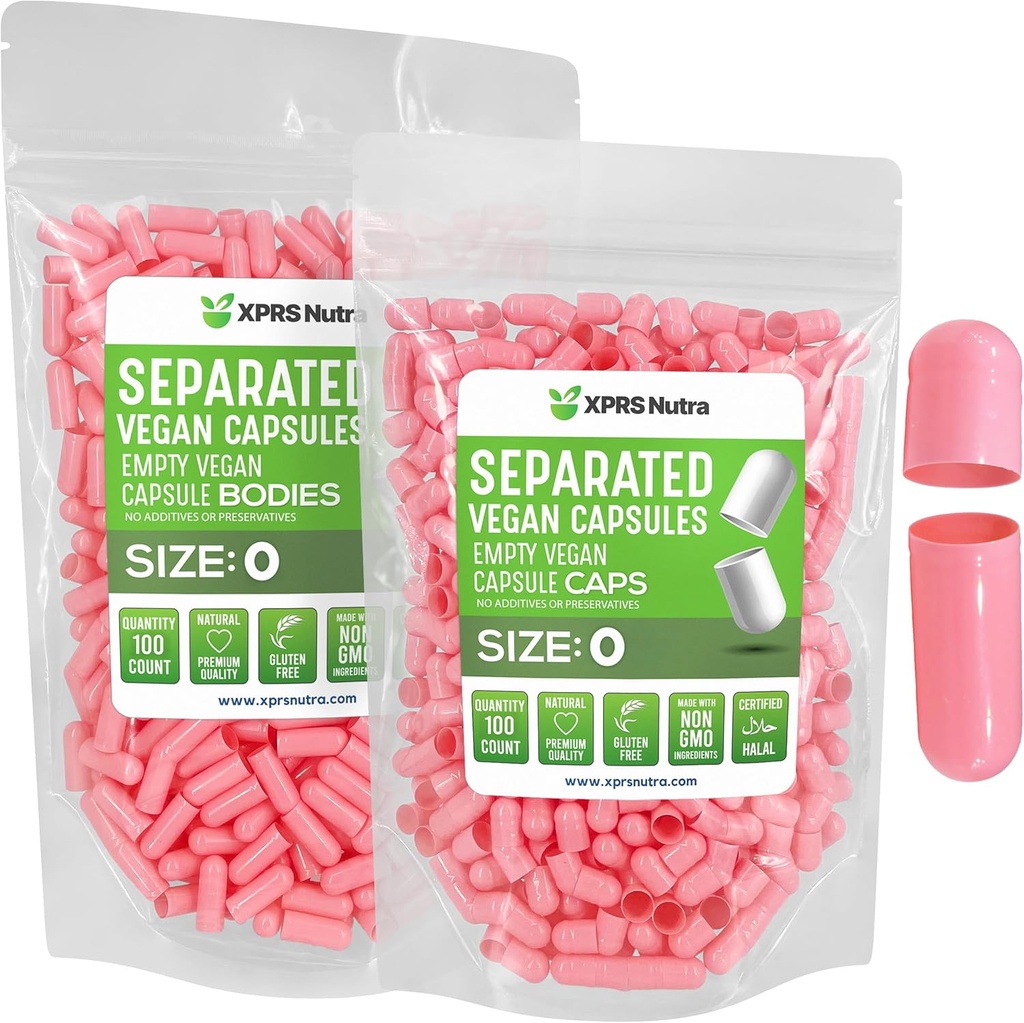XPRS Nutra Vegan Velikost 0 Ločene kapsule - 100 Štetje Premium prazne kapsule Ločene v vrečah - Tablete 0 Prazne za polnjenje DIY (Pink)