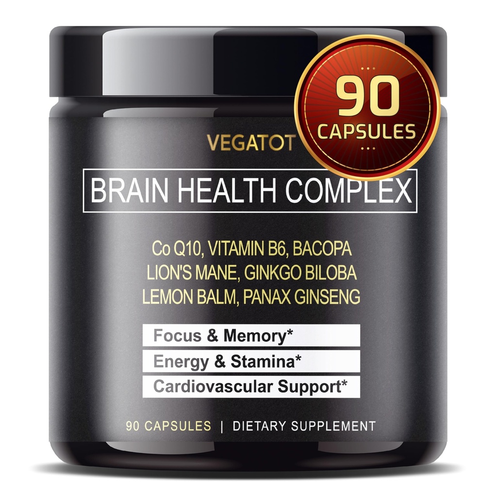 VEGATOT Brain Booster Brain Health Complex Dodatek Koncentriran z CoQ-10 VIT B6 Lion's Mane Ginkgo Biloba Lemon Balm Ginseng - Focus Memory Energy