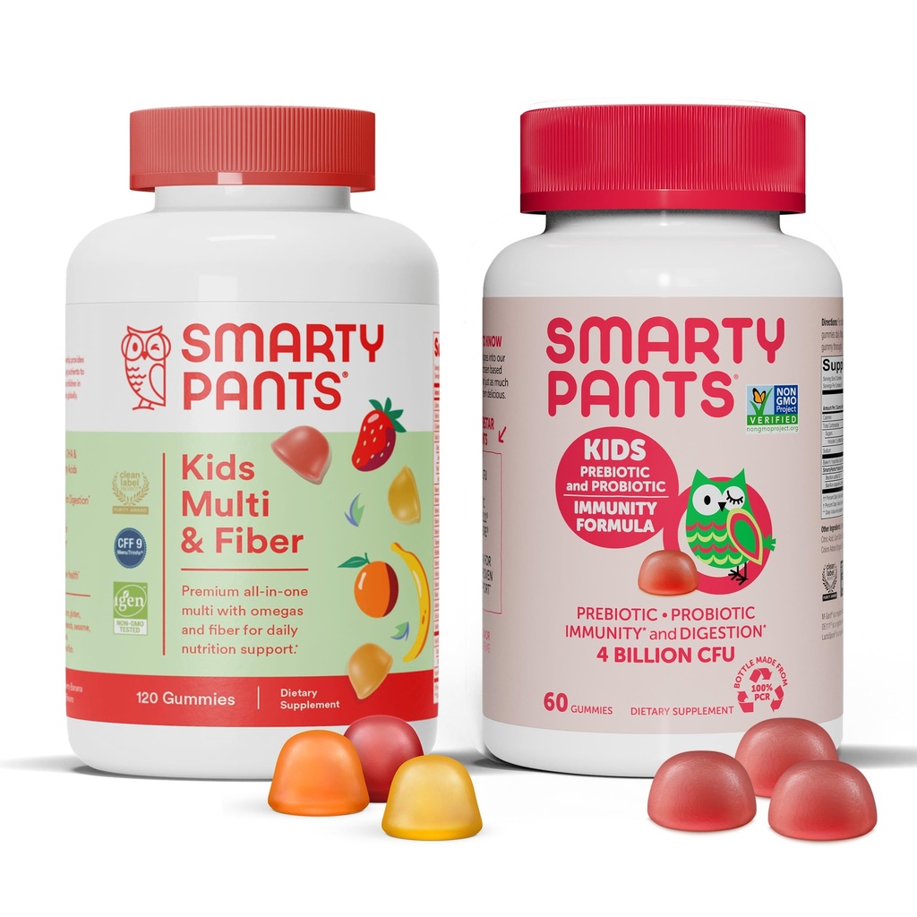 SmartyPants Kids Multivitaminski fiber dodatek Gumies in probiotična imuniteta paket: Omega 3 ribje olje (EPA/DHA), Vitamin D3, C, Vitamin B12, B6, Prebavne in imunske podpore dodatek (30 dan dobave)
