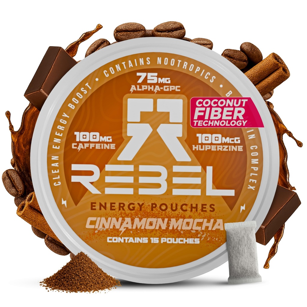 Rebel Nootropic Energy Kofein vrečke (Cinnamon Mocha) • 100mg Kofein • Alfa GPC • Huperzin A & Essential Vitamini • Sugar-free • Coconut Fiber tehnologija • 15 vrečke na pločevinko (Pack of 1)